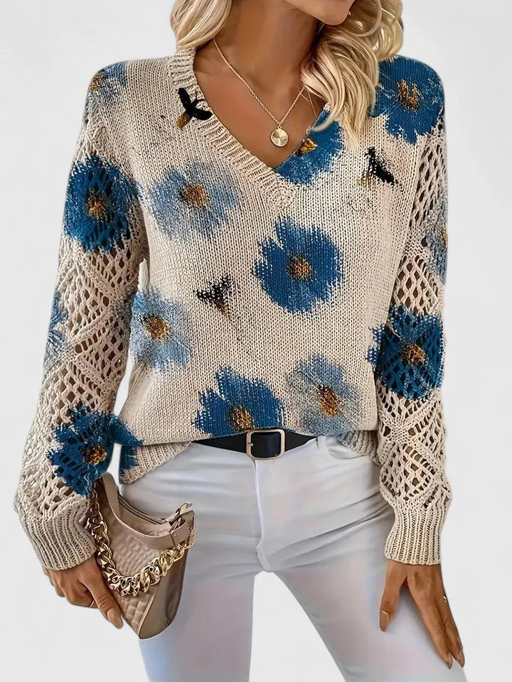 Maribelle | Women’s Floral Crochet Sleeve V Neck Sweater