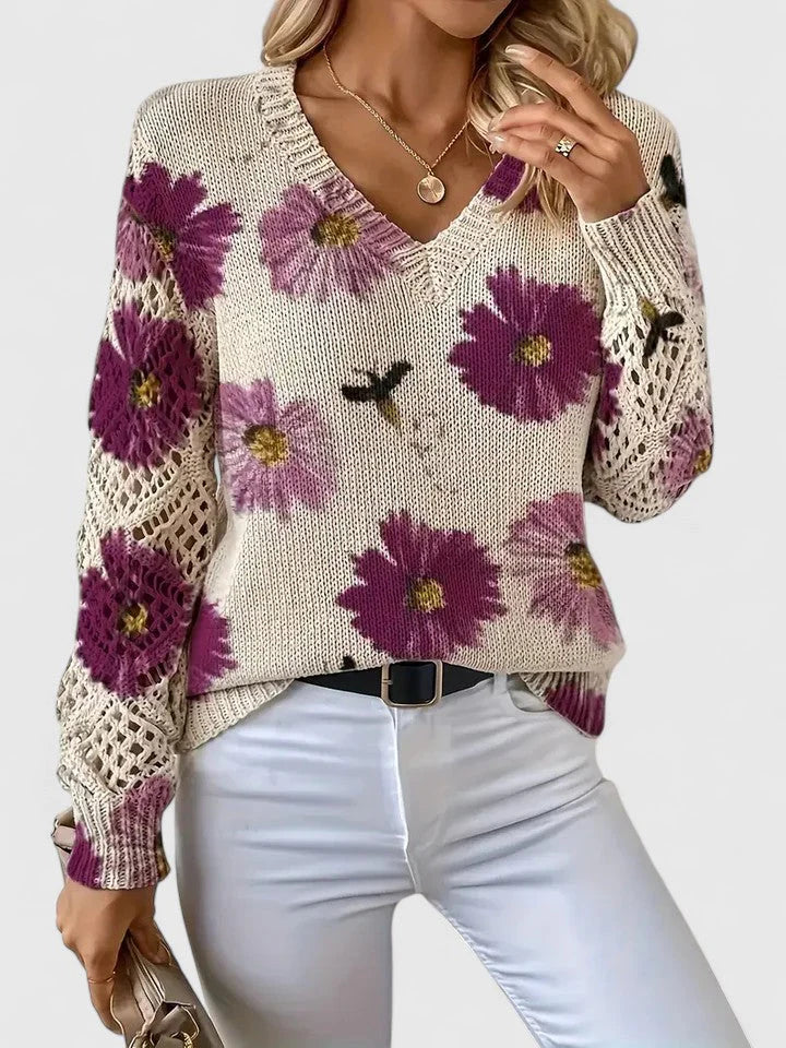 Maribelle | Women’s Floral Crochet Sleeve V Neck Sweater