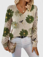 Maribelle | Women’s Floral Crochet Sleeve V Neck Sweater