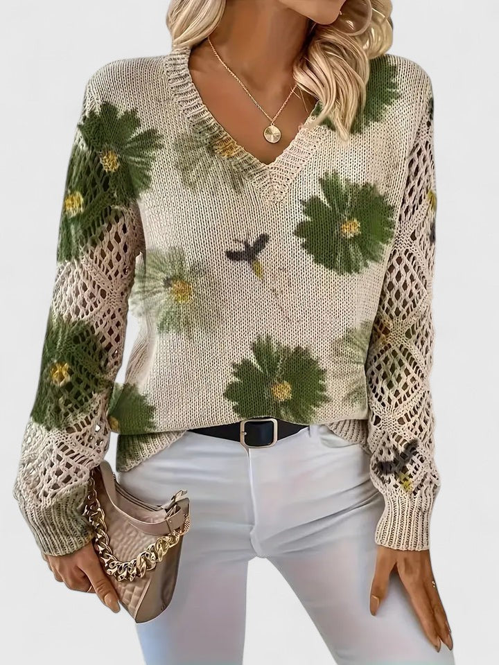 Maribelle | Women’s Floral Crochet Sleeve V Neck Sweater