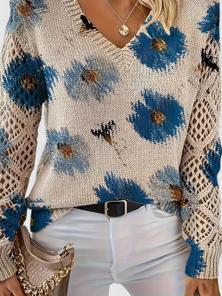 Maribelle | Women’s Floral Crochet Sleeve V Neck Sweater