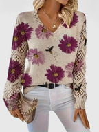 Maribelle | Women’s Floral Crochet Sleeve V Neck Sweater