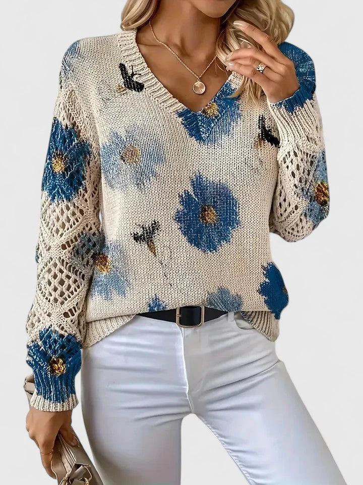 Maribelle | Women’s Floral Crochet Sleeve V Neck Sweater