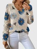 Maribelle | Women’s Floral Crochet Sleeve V Neck Sweater