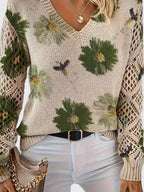 Maribelle | Women’s Floral Crochet Sleeve V Neck Sweater