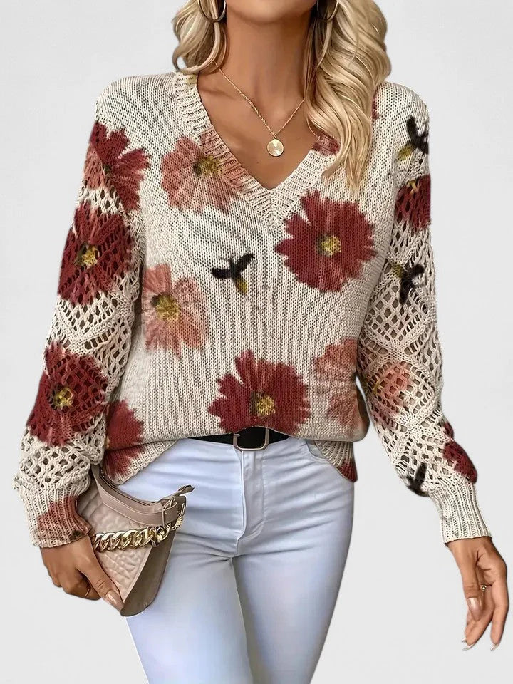 Maribelle | Women’s Floral Crochet Sleeve V Neck Sweater