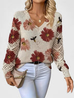 Maribelle | Women’s Floral Crochet Sleeve V Neck Sweater