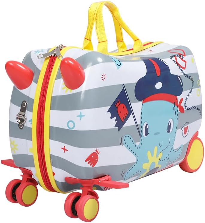 Children's 2-in-1 ride-on scooter suitcase in Pirate Octopus pattern with 360-degree wheels