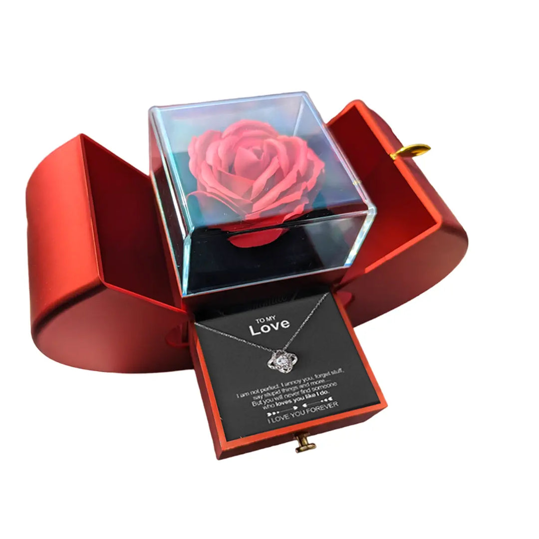 Red preserved rose in a luxury gift box paired with a sparkling crystal necklace
