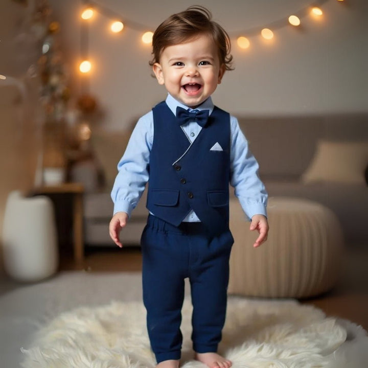 Toddler smiling proudly while wearing a dark blue boys formal 3-piece suit with a bow tie