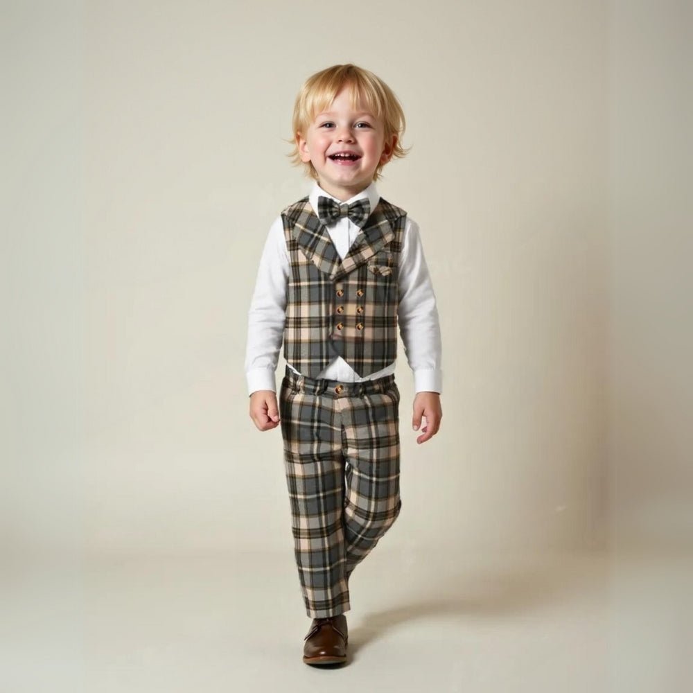 Boys 3-piece suit trousers waistband and button closure detail