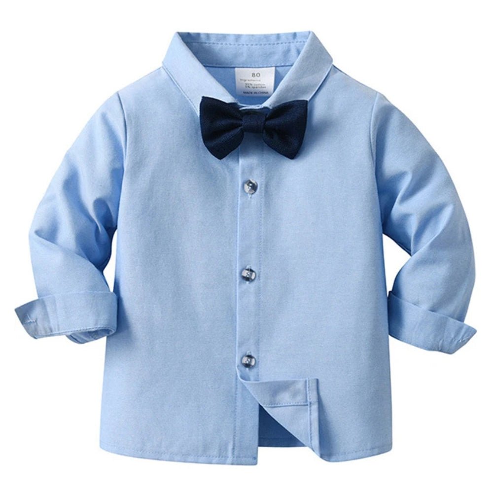 Close-up view of the light blue button-down shirt paired with a dark blue bow tie