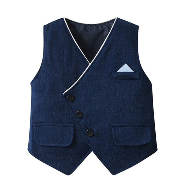 Boys formal 3-piece suit jacket close-up showing lapel and button detail