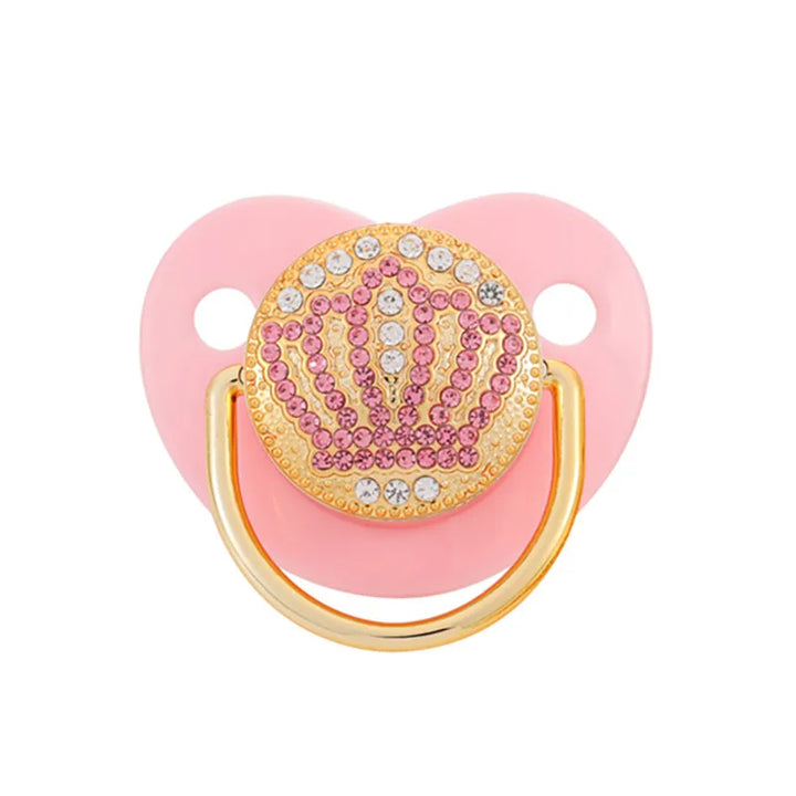 Pink A baby silicone pacifier soother with crown crystal design