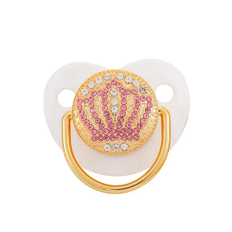 White baby silicone pacifier soother with crown crystal design