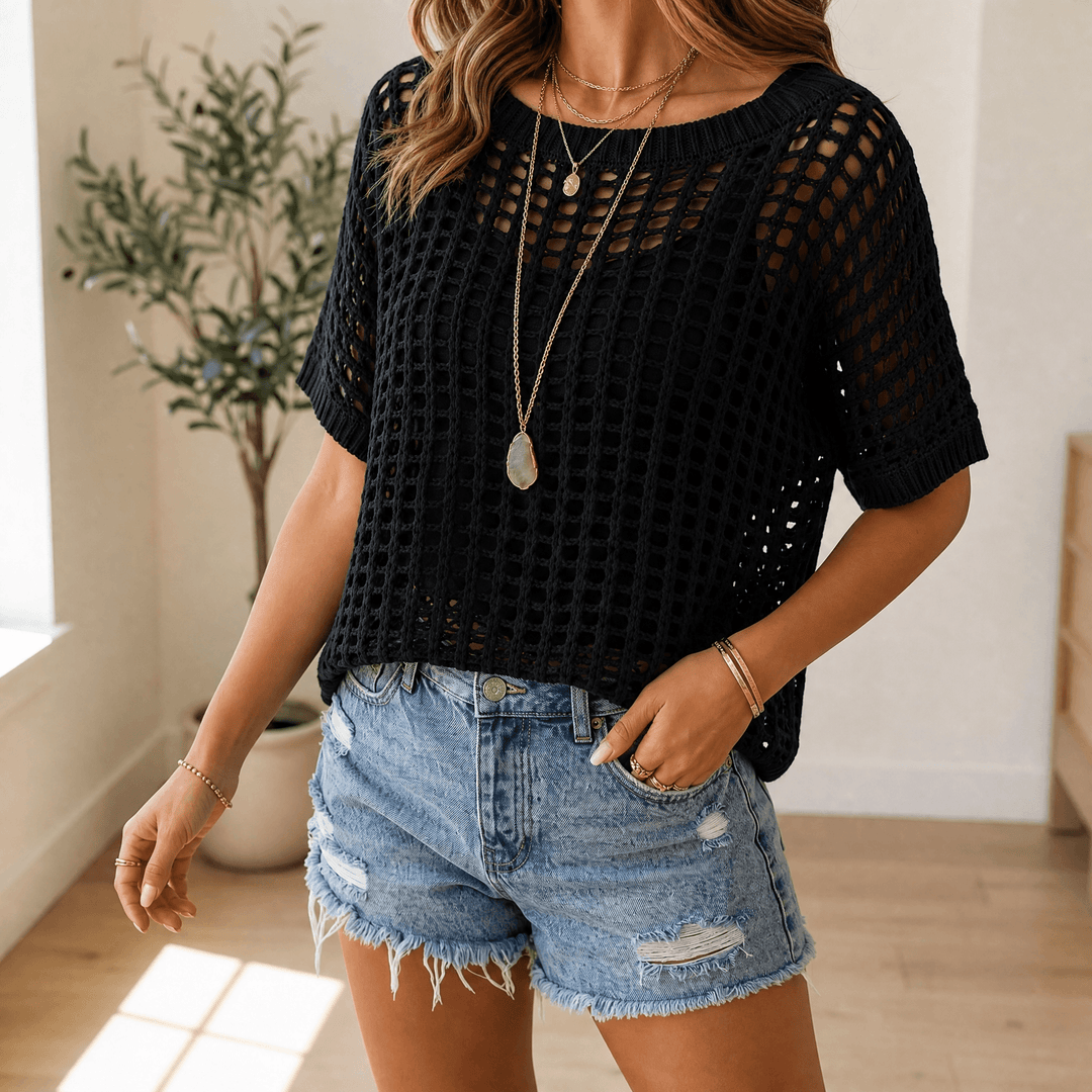 Women's open-knit summer top featuring a breathable grid pattern and short sleeves.