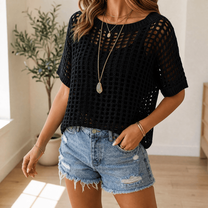 Women's open-knit summer top featuring a breathable grid pattern and short sleeves.
