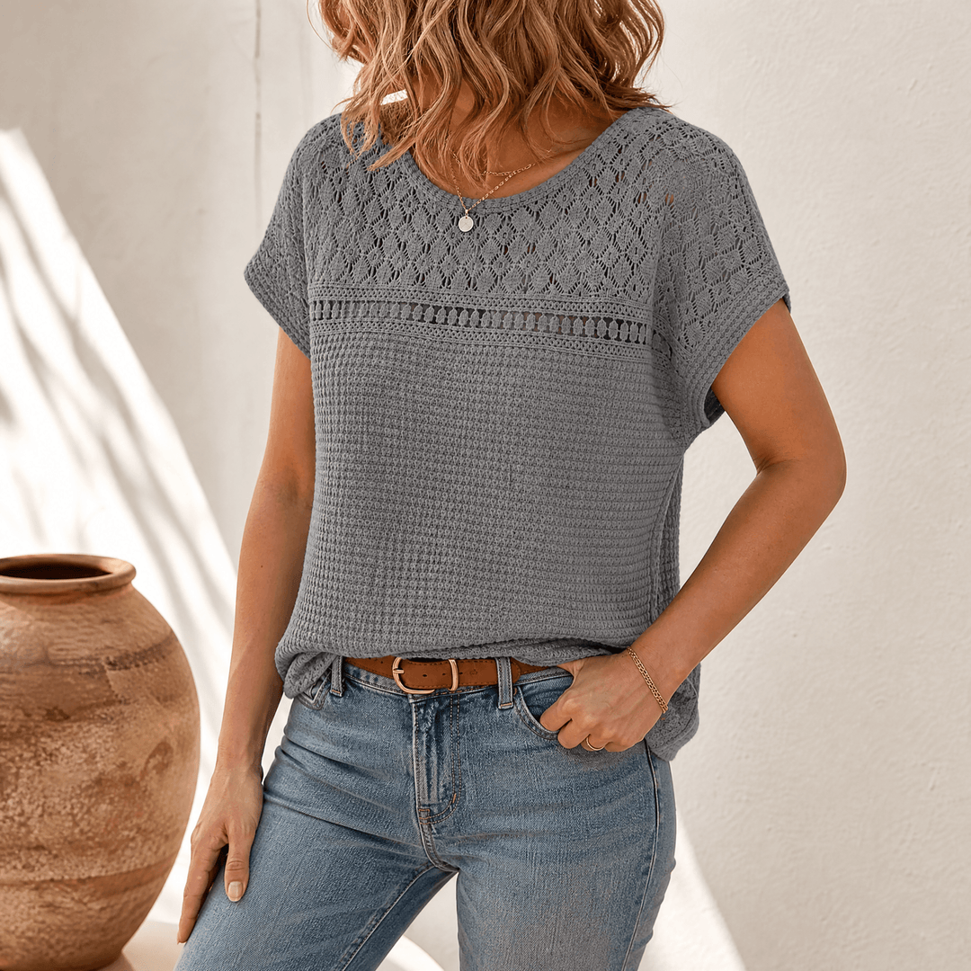 Olive green women's breezy open-weave summer top flat lay