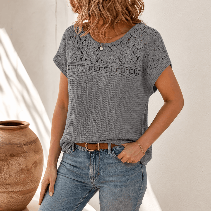 Olive green women's breezy open-weave summer top flat lay