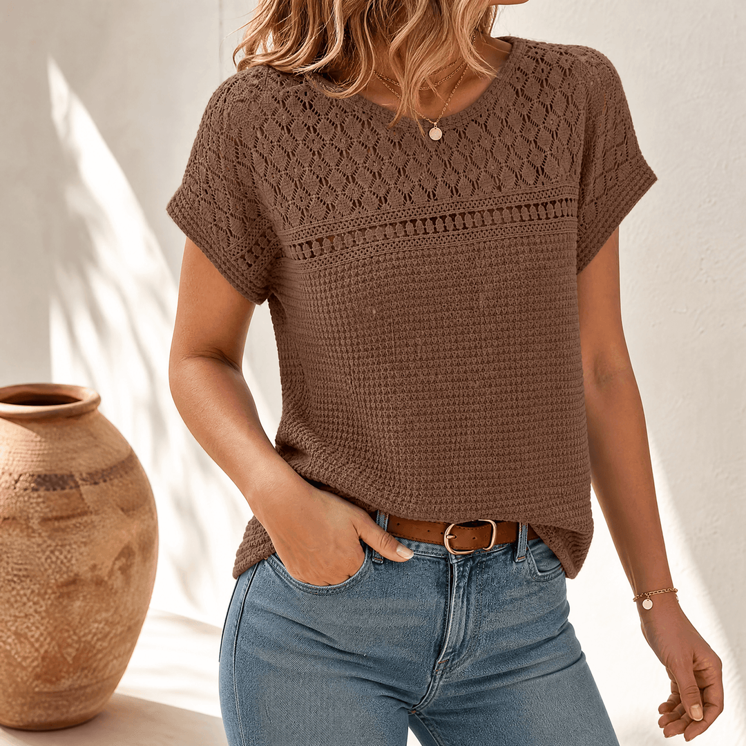 Back view of a casual breathable short sleeve summer blouse