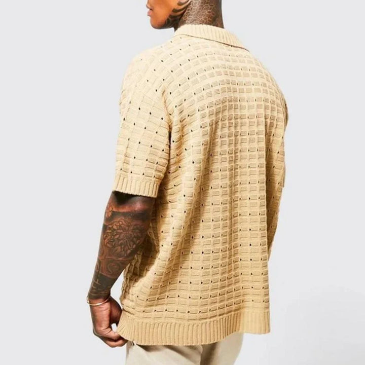 Back view of stylish mens oversized knit polo for summer wear