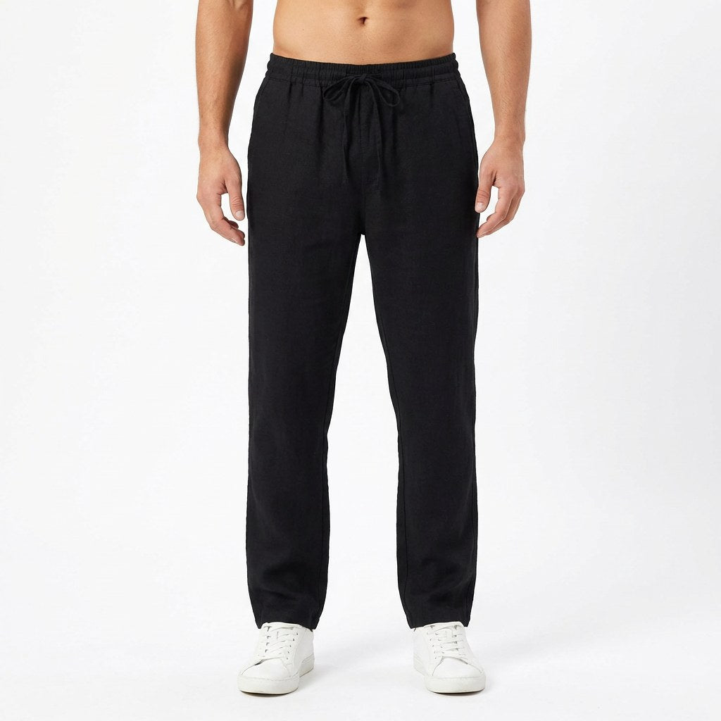 Mens relaxed straight-leg casual trousers featuring an elastic waist for summer wear