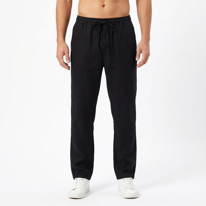 Mens relaxed straight-leg casual trousers featuring an elastic waist for summer wear