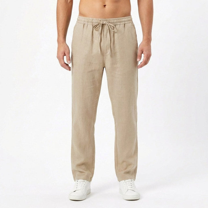 Close-up of lightweight fabric and elastic waistband on mens casual trousers