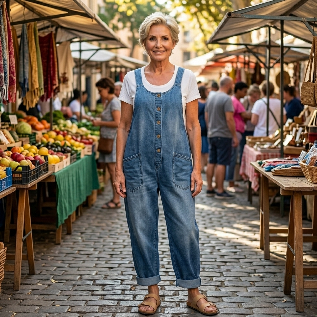 Full length shot of relaxed fit blue denim overalls with straight legs