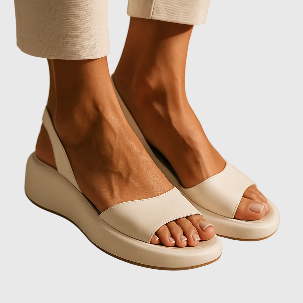 Close-up of cream white Briony slide sandals showcasing modern curved design