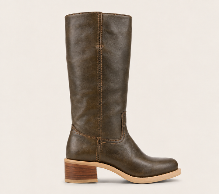 Side profile of women's tall dark brown boot with block heel