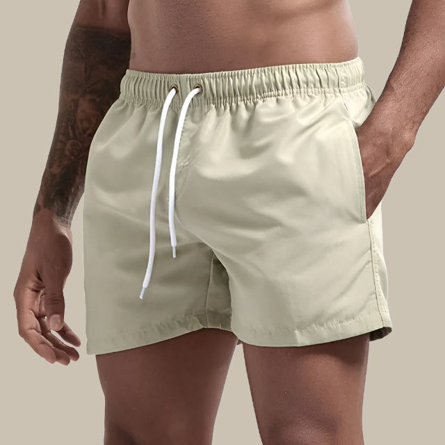 Man wearing beige quick-dry swim shorts with white drawstring