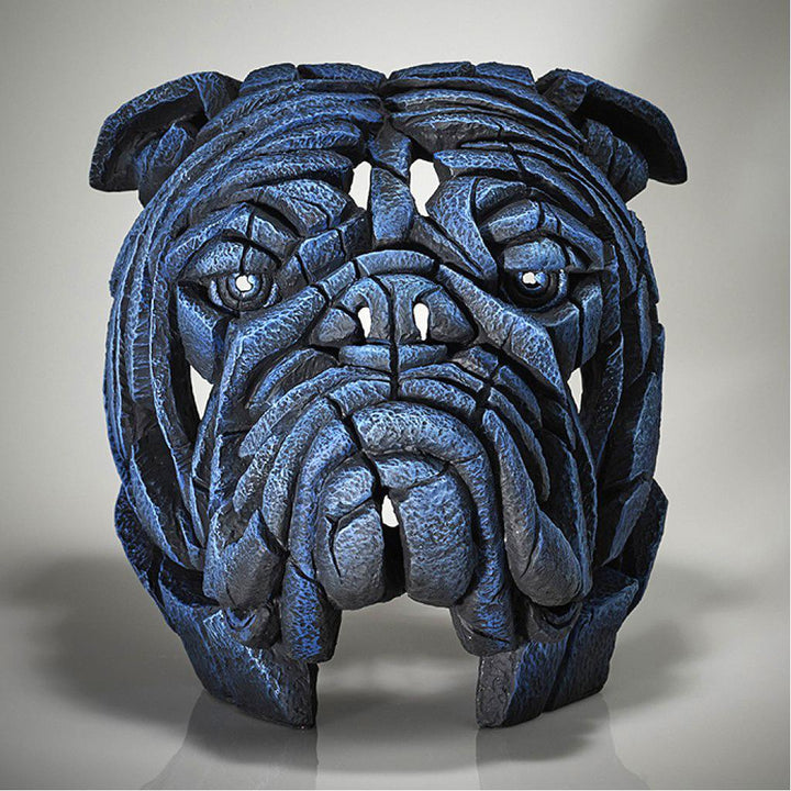 Front view of detailed bulldog animal sculpture in blue tones