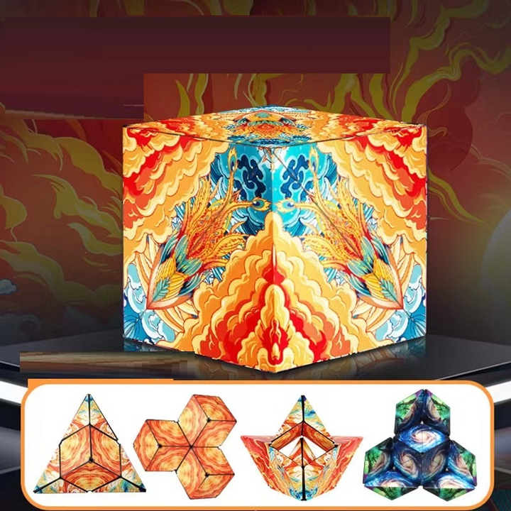 Multiple configurations of the geometric puzzle toy displayed in a single shot