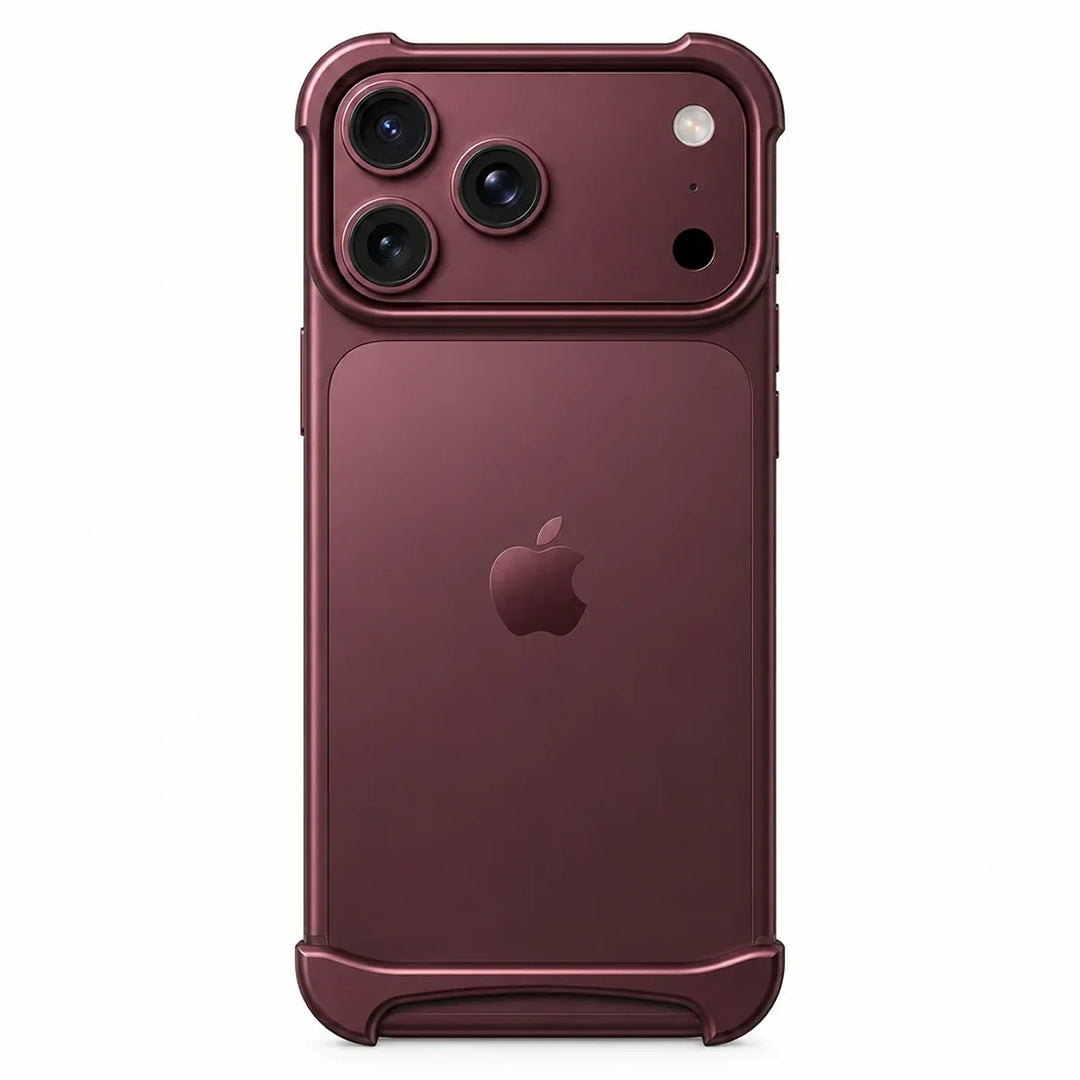 Back view of burgundy aluminum bumper case on iPhone showing camera protection