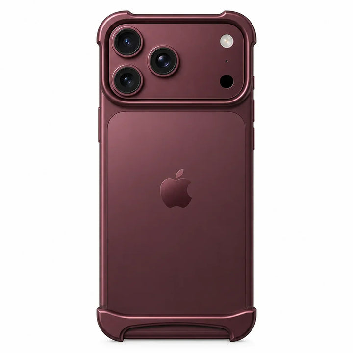 Back view of burgundy aluminum bumper case on iPhone showing camera protection