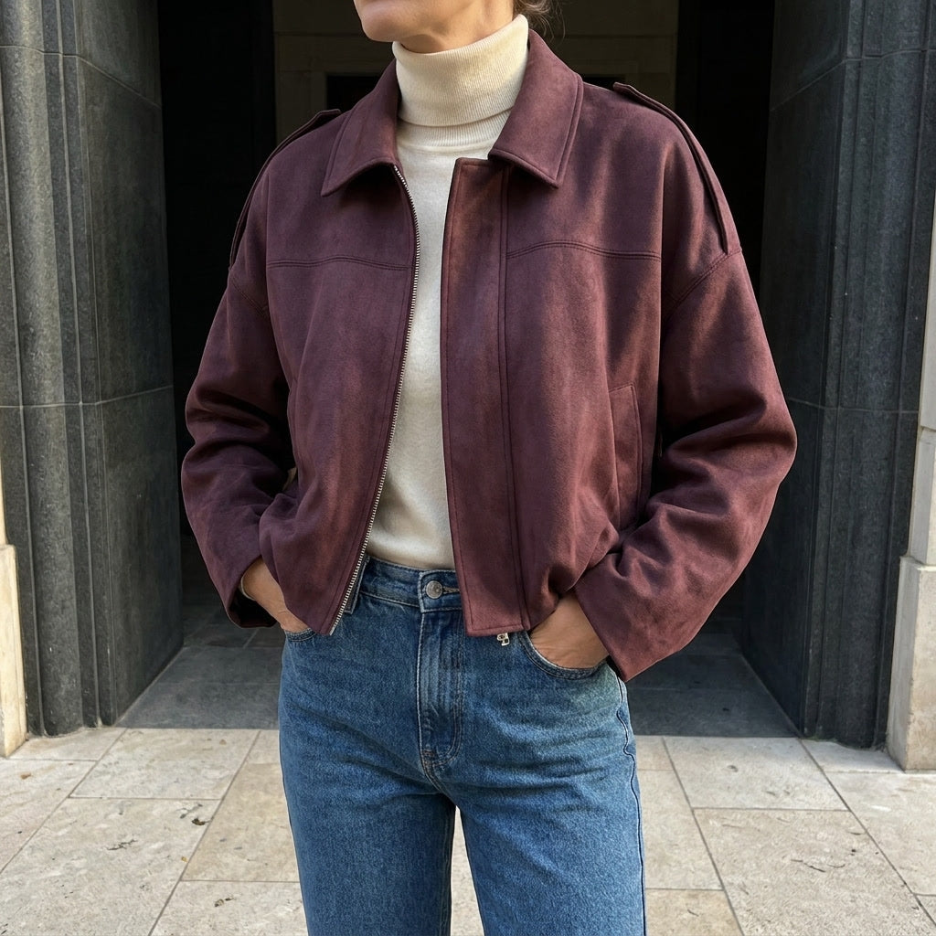 Woman wearing a burgundy cropped bomber jacket with a turtleneck and jeans