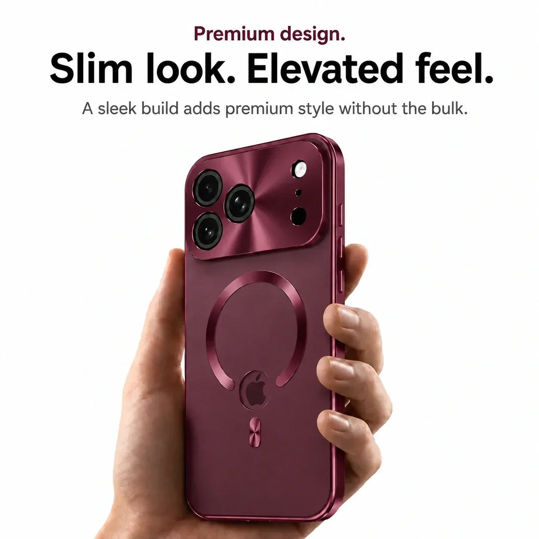 Hand holding a metallic purple iPhone case showcasing slim design
