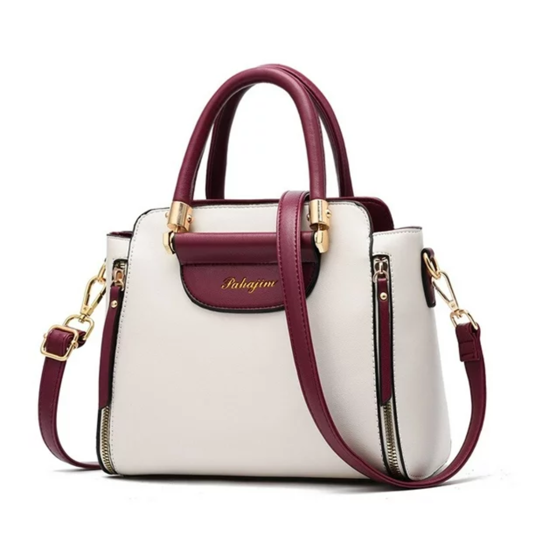 Women's elegant carry handbag in burgundy and white colorway
