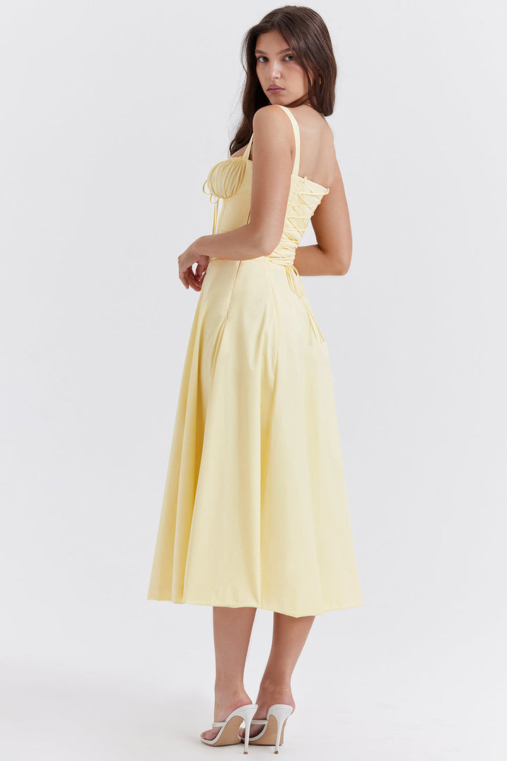 Back view of elegant floral party dress with waist-shaping silhouette