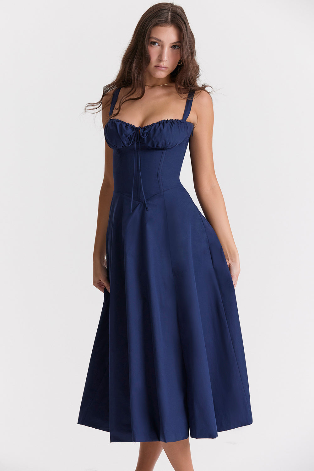 Waist-shaping floral dress showcasing sweetheart bustier bodice