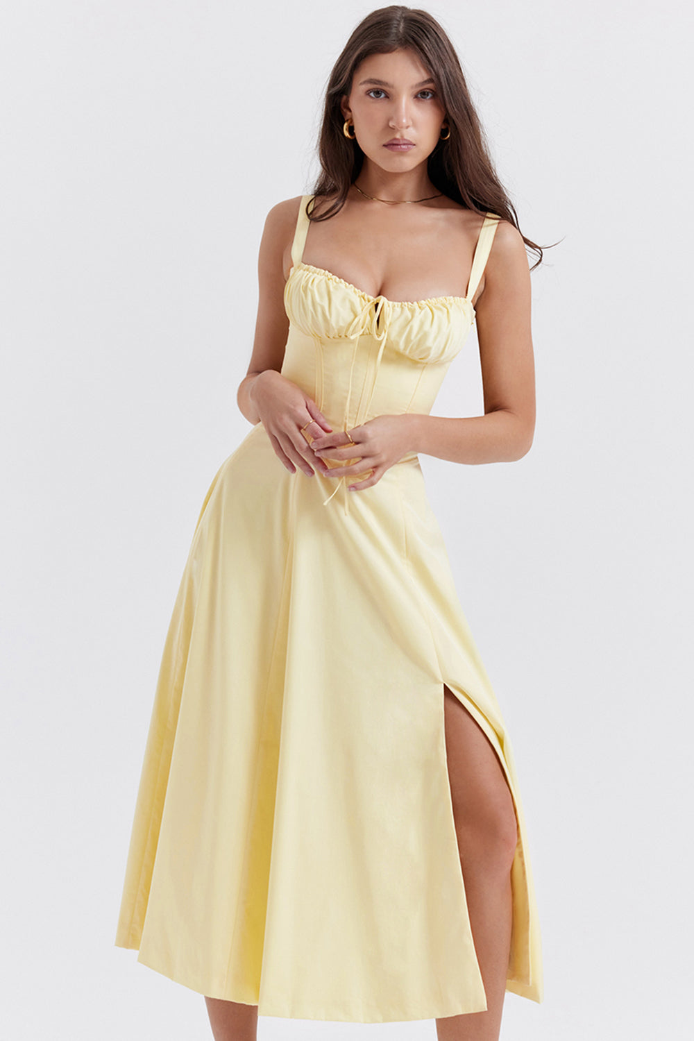 Close-up of structured bustier detail on a women's floral summer dress