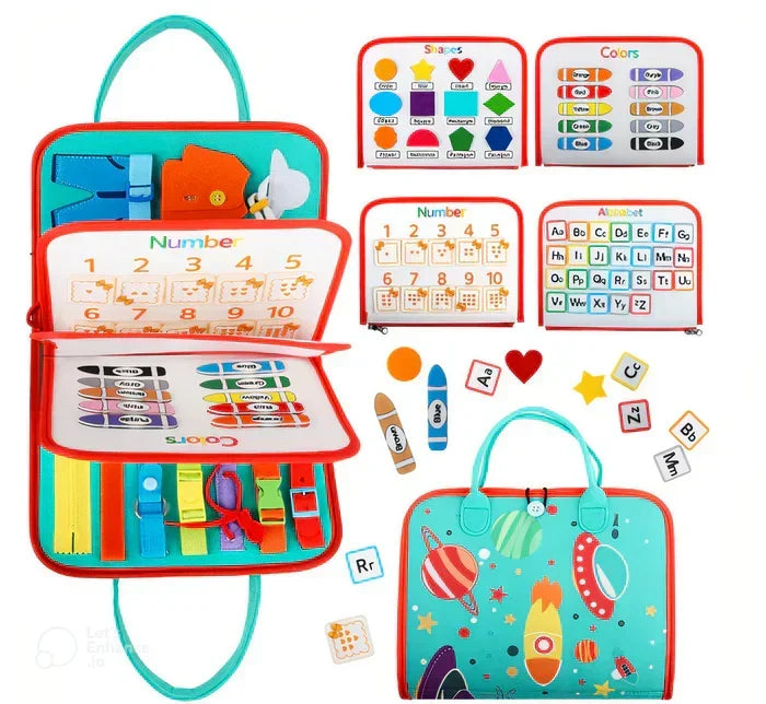 Montessori sensory activity book open showing colorful shapes and numbers learning pages