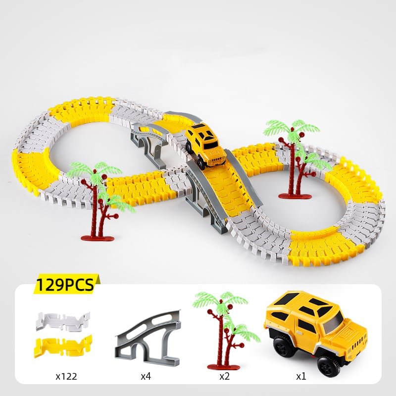 Colorful building play set pieces for creating custom race tracks