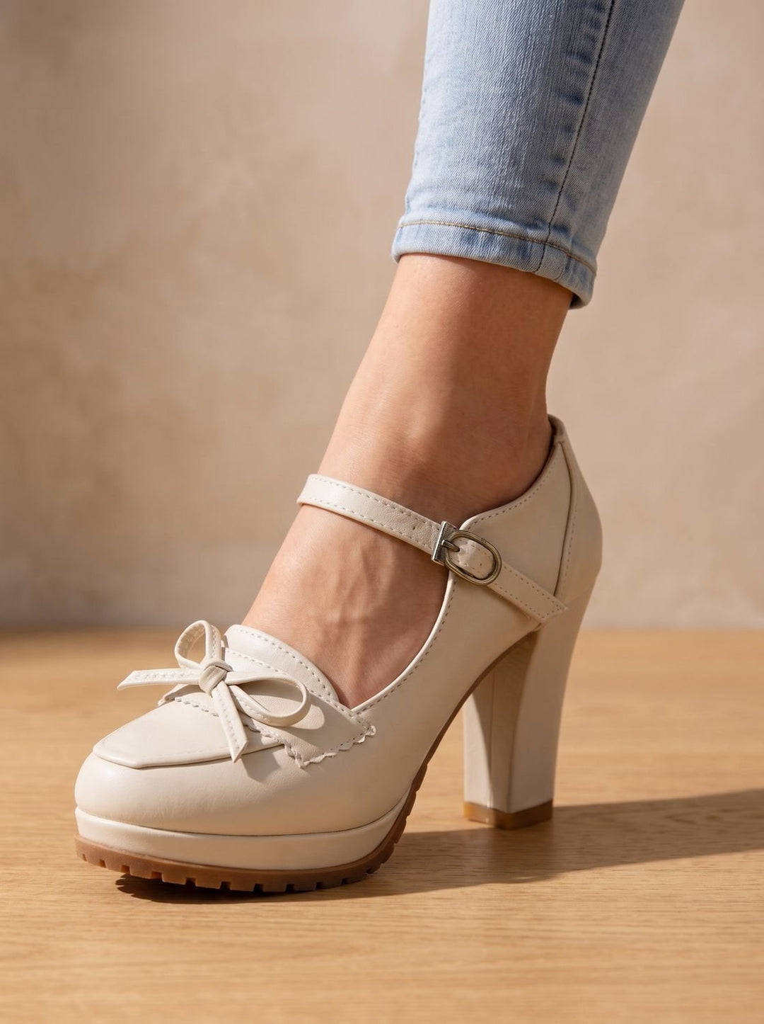 Close-up of the decorative bow and adjustable strap on mary jane block heel pumps