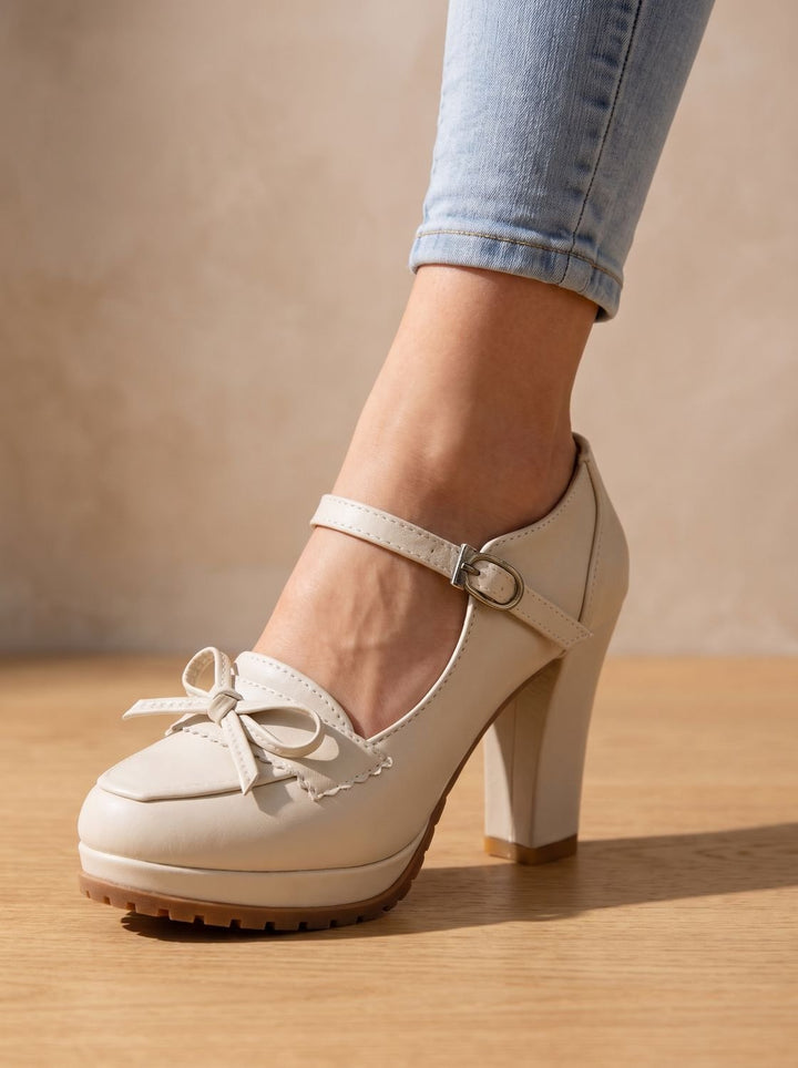 Close-up of the decorative bow and adjustable strap on mary jane block heel pumps