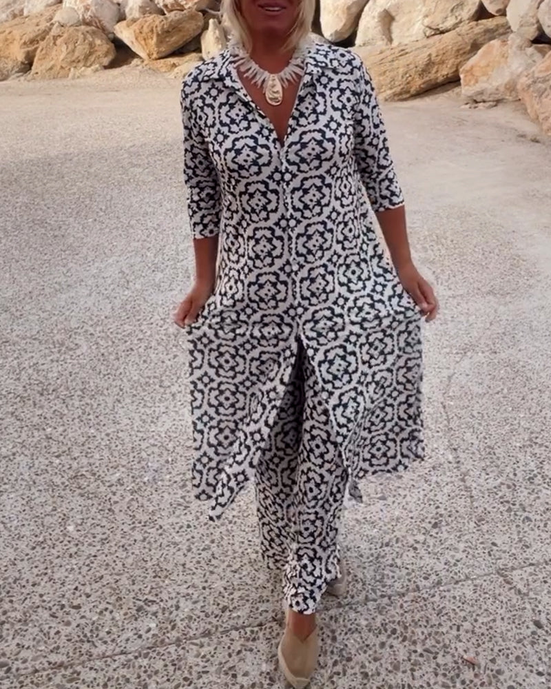 Woman wearing a matching printed V-neck tunic and wide-leg pants set outdoors