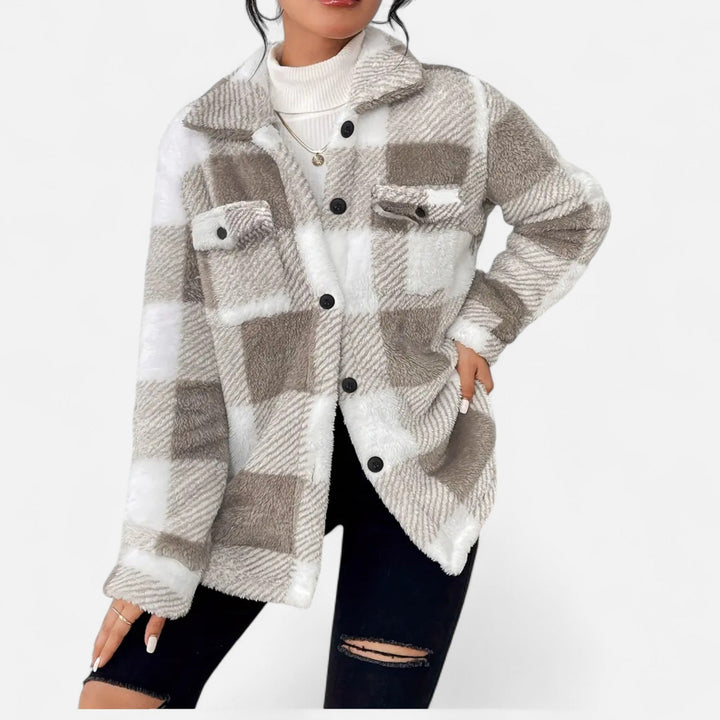 Back view of women's plaid oversized button-up shacket showing long sleeves and casual streetwear fit