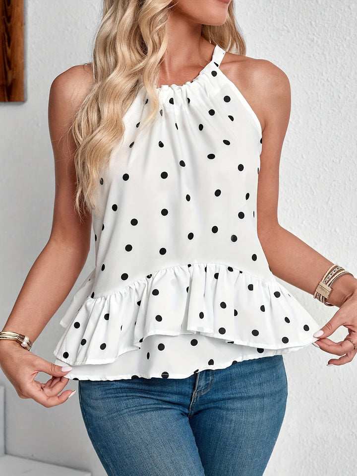 White women's ruffled tie-neck blouse sleeveless office wear top
