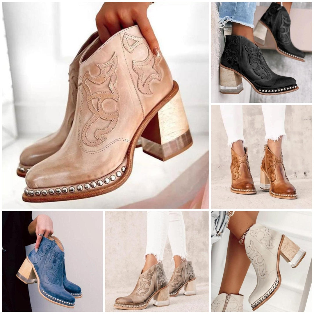 Collage showing multiple color options of the cowboy ankle boots
